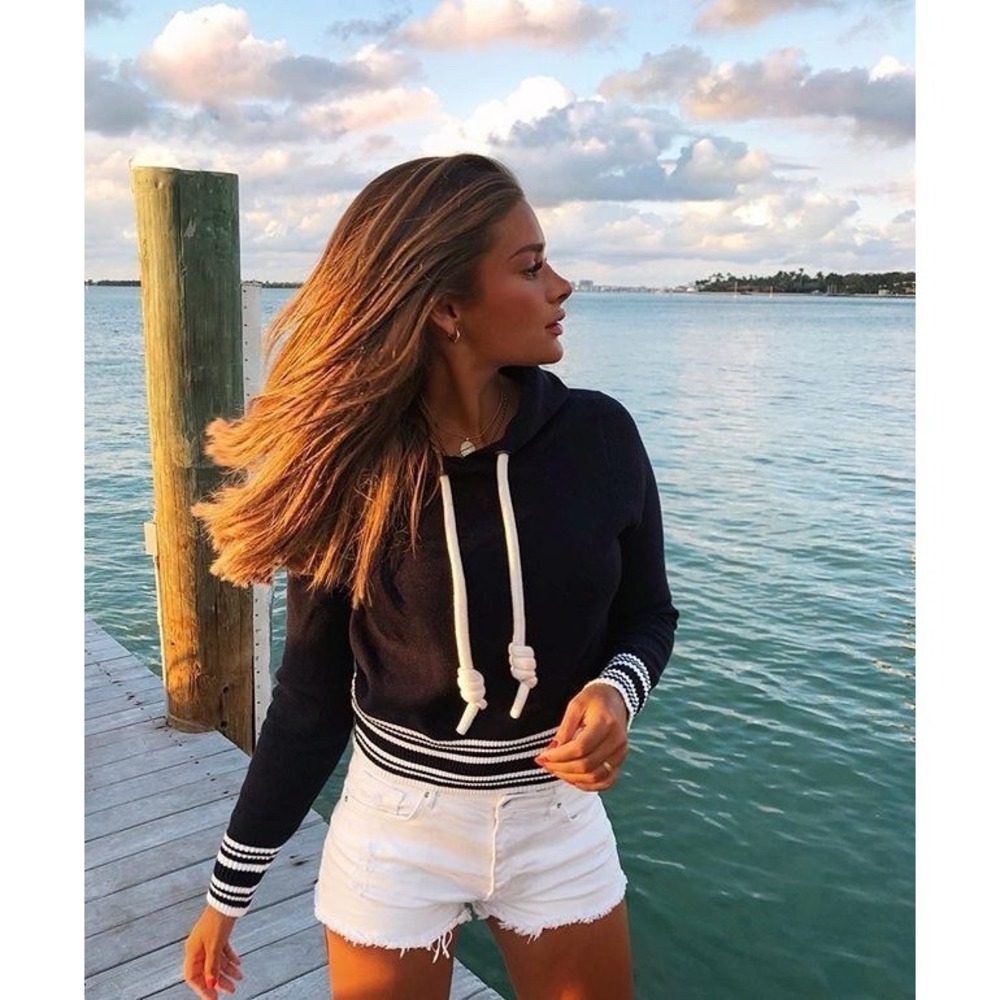 Zara Hoodie Sweatshirt Womens Navy Blue Nautical Cropped Drawstring Size L